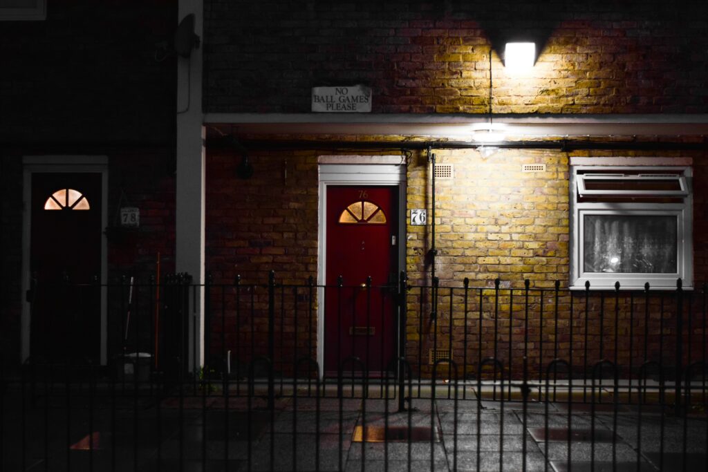 A front door in the evening.