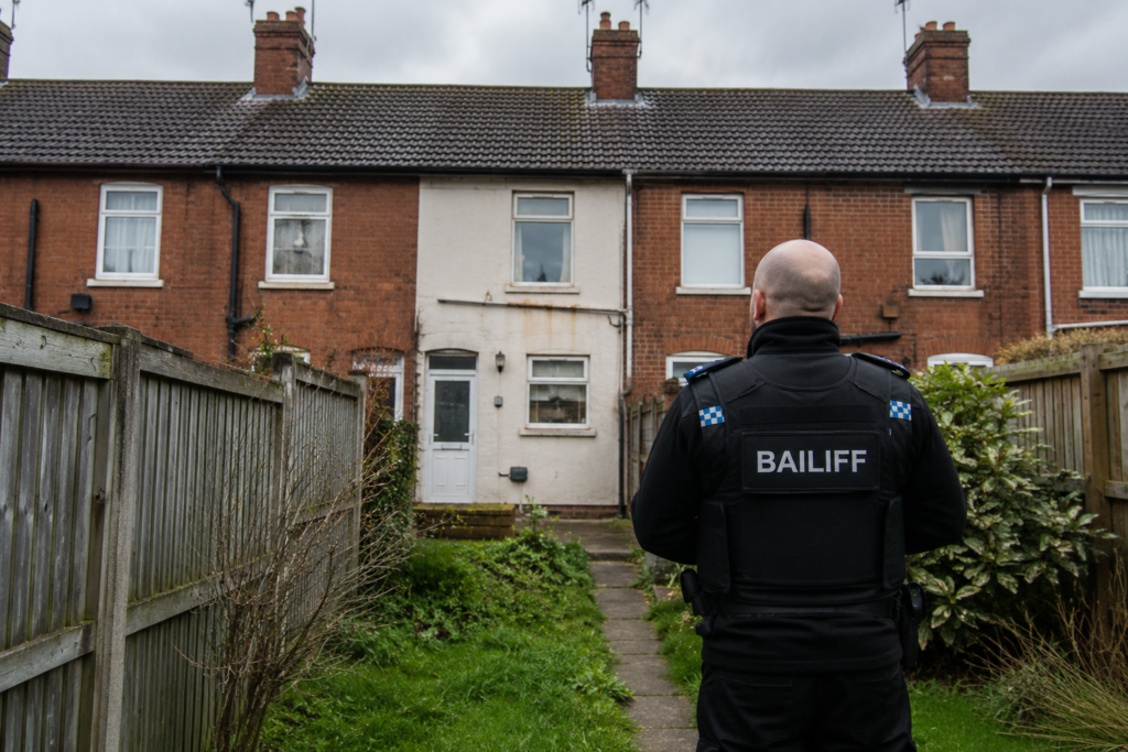 A bailiff approaches a house.
