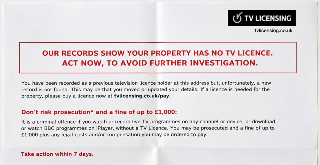 An example image of a TV Licence investigation letter.