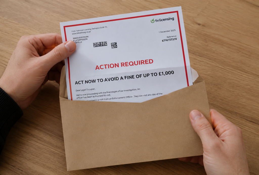 A person opening a TV Licence warning notice.