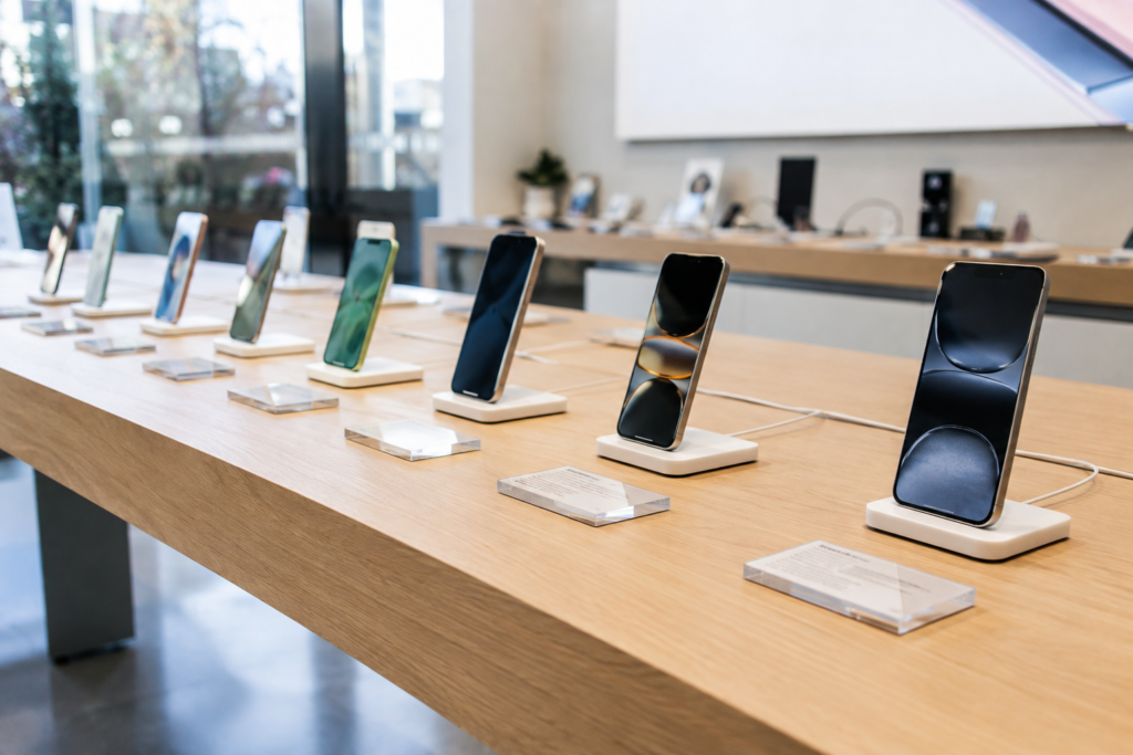 A collections of smartphones on display in a store.
