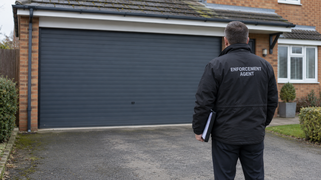 A bailiff looking at a locked garage.